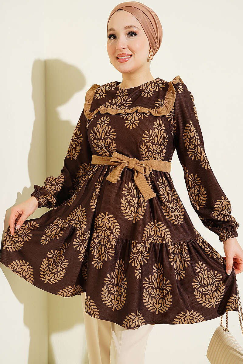 Ruffled Collar Patterned Tunic Brown