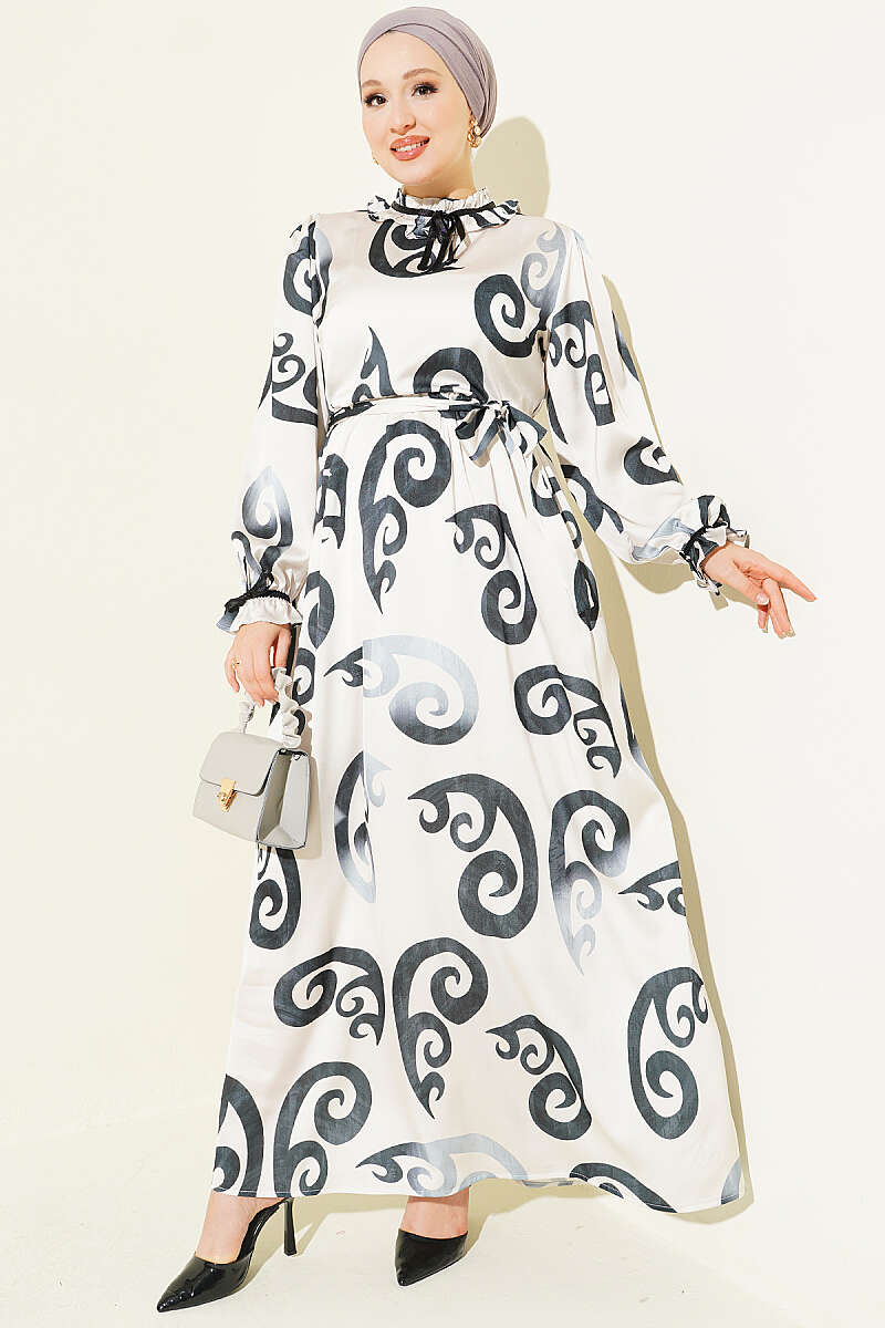 Ruffled Collar Dress with Ribbon Detail Anthracite