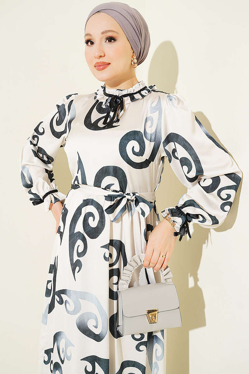 Ruffled Collar Dress with Ribbon Detail Anthracite - الصورة 2
