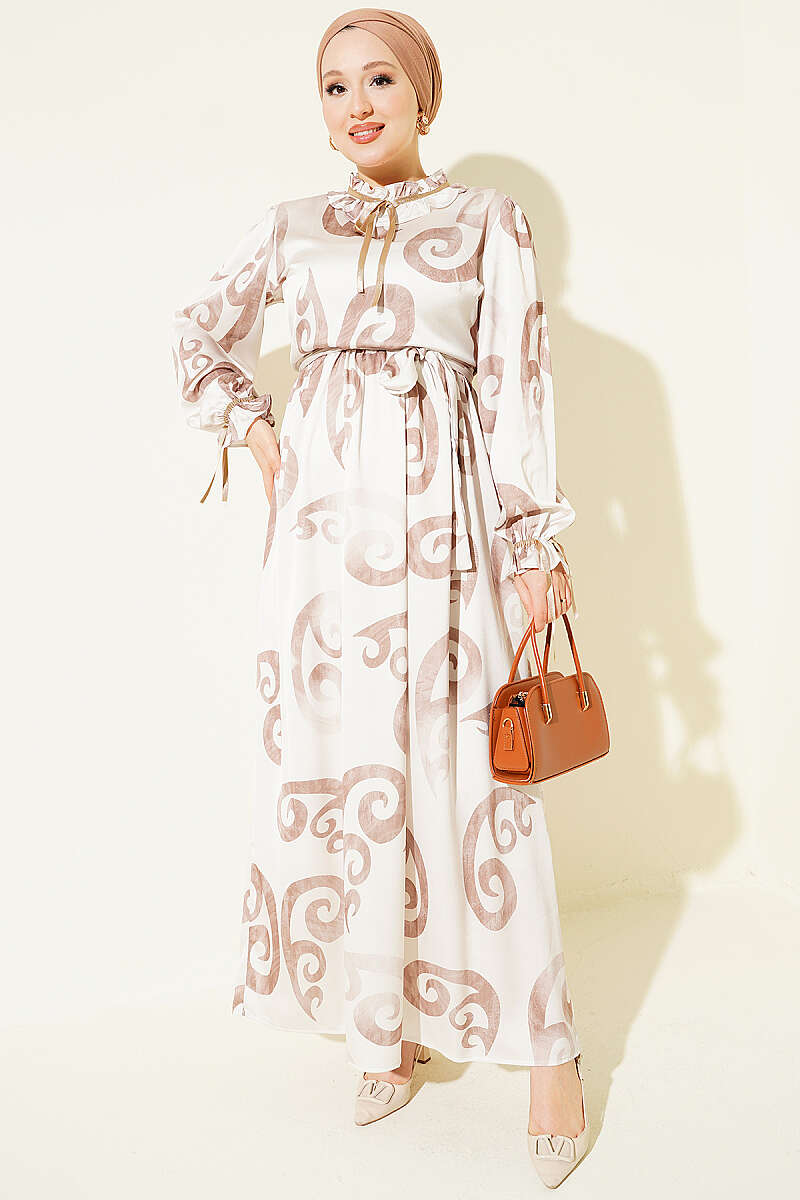 Ruffled Collar Dress with Ribbon Detail Beige