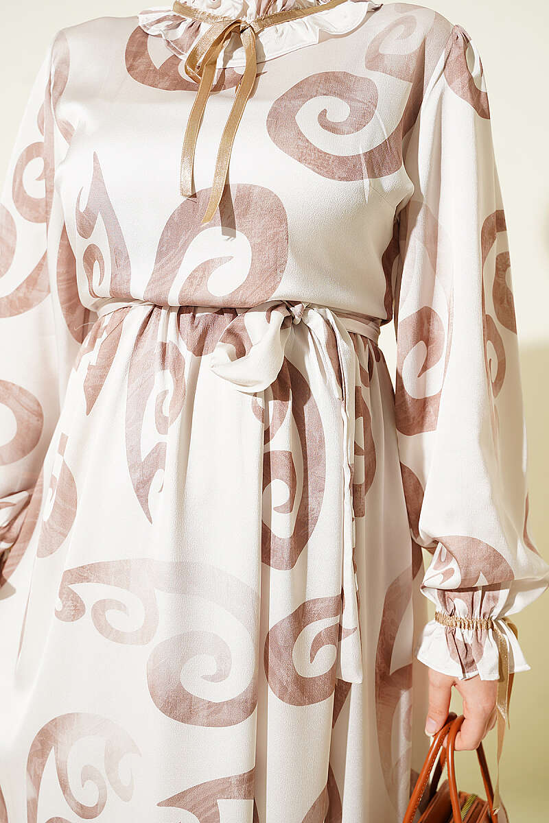Ruffled Collar Dress with Ribbon Detail Beige – Bild 4