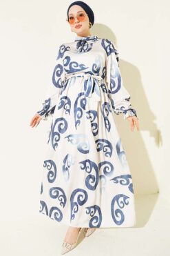 Ruffled Collar Dress with Ribbon Detail Navy Blue