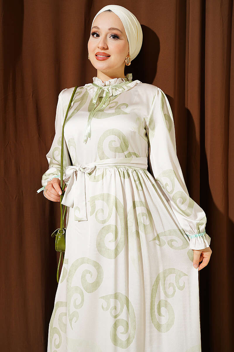 Ruffled Collar Dress with Ribbon Detail Aqua Green – Bild 2