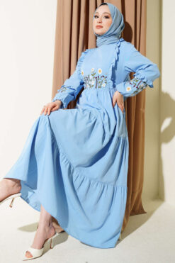 Ruffled Collar Embroidered Poplin Dress Ice Blue