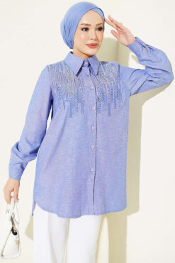 Embroidered Collar Blouse Blue