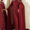 Embroidered Necklace with Beaded Detailing and Cape-Style Evening Dress Burgundy