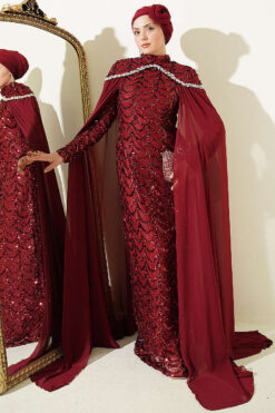 Embroidered Necklace with Beaded Detailing and Cape-Style Evening Dress Burgundy