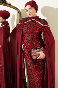 Alternative view of Embroidered Necklace with Beaded Detailing and Cape-Style Evening Dress Burgundy