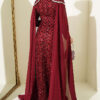 Embroidered Necklace with Beaded Detailing and Cape-Style Evening Dress Burgundy - الصورة 3