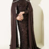 Embroidered Necklace with Beaded Detailing and Cape-Style Evening Dress Brown