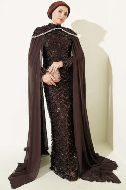 Embroidered Necklace with Beaded Detailing and Cape-Style Evening Dress Brown