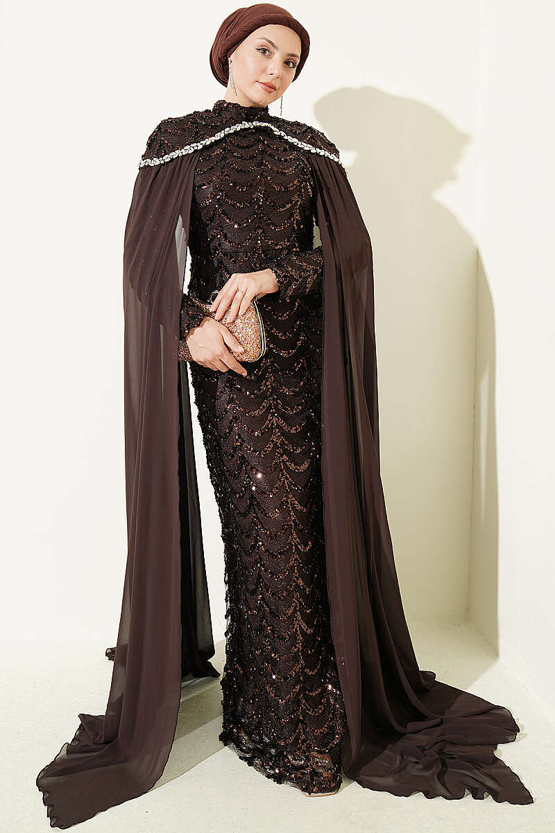 Embroidered Necklace with Beaded Detailing and Cape-Style Evening Dress Brown