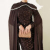 Embroidered Necklace with Beaded Detailing and Cape-Style Evening Dress Brown - Image 2