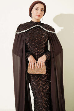 Alternative view of Embroidered Necklace with Beaded Detailing and Cape-Style Evening Dress Brown