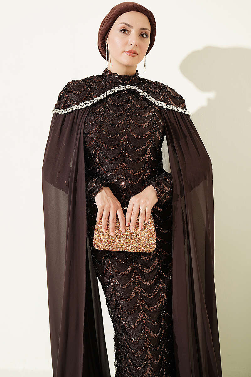 Embroidered Necklace with Beaded Detailing and Cape-Style Evening Dress Brown - Image 2