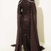 Embroidered Necklace with Beaded Detailing and Cape-Style Evening Dress Brown - Image 3
