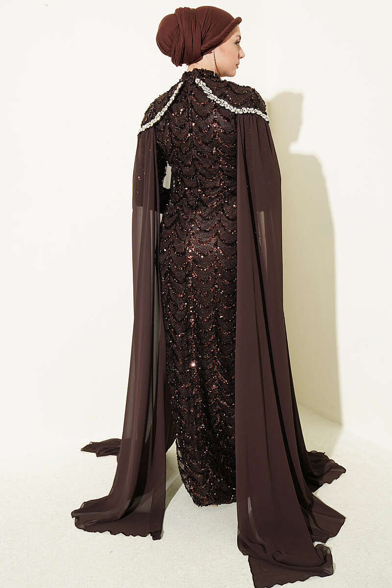 Embroidered Necklace with Beaded Detailing and Cape-Style Evening Dress Brown - Image 3