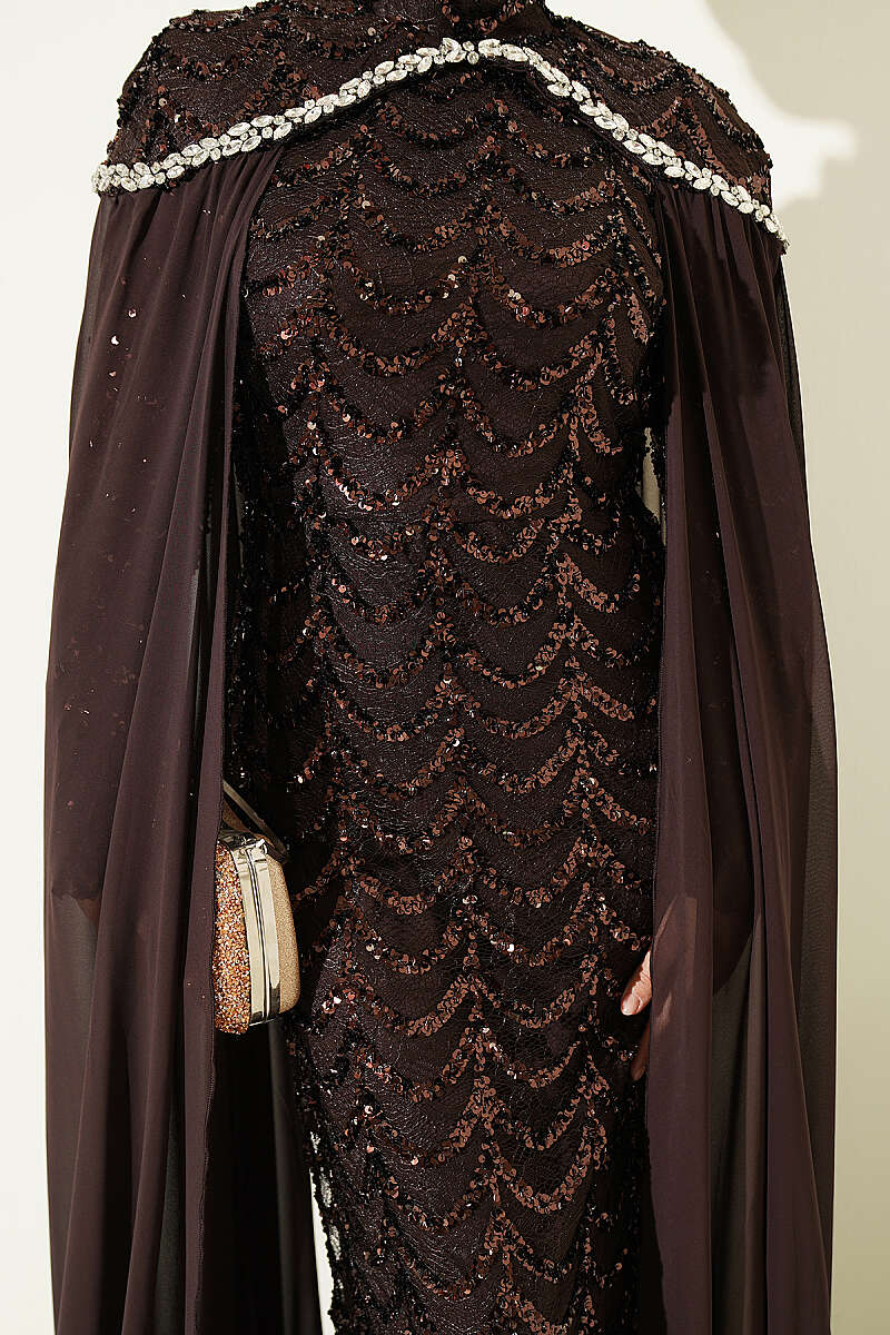 Embroidered Necklace with Beaded Detailing and Cape-Style Evening Dress Brown - Image 4