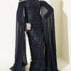 Embroidered Necklace with Beaded Detailing and Cape-Style Evening Dress Navy Blue