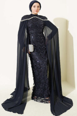 Embroidered Necklace with Beaded Detailing and Cape-Style Evening Dress Navy Blue