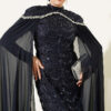 ⁦Embroidered Necklace with Beaded Detailing and Cape-Style Evening Dress Navy Blue⁩ - الصورة ⁦2⁩
