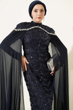 Alternative view of Embroidered Necklace with Beaded Detailing and Cape-Style Evening Dress Navy Blue