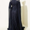 ⁦Embroidered Necklace with Beaded Detailing and Cape-Style Evening Dress Navy Blue⁩ - الصورة ⁦3⁩