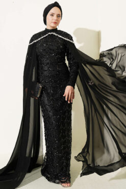 Embroidered Necklace with Beaded Detailing and Cape-Style Evening Dress Black