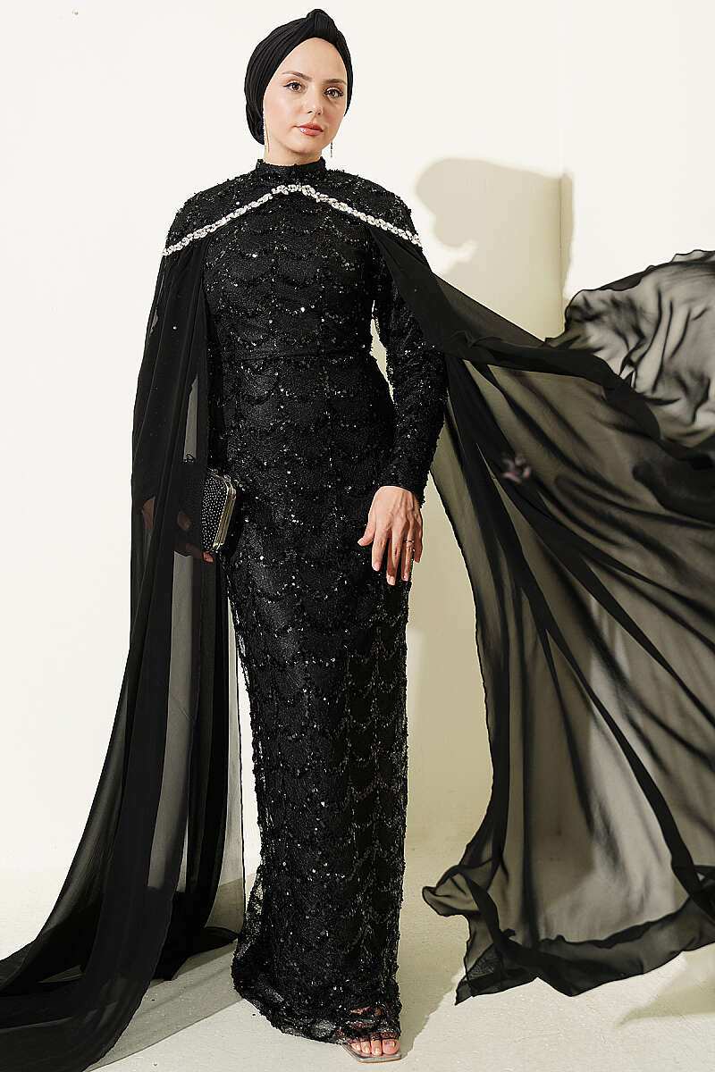 Embroidered Necklace with Beaded Detailing and Cape-Style Evening Dress Black