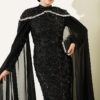 Embroidered Necklace with Beaded Detailing and Cape-Style Evening Dress Black – Bild 2