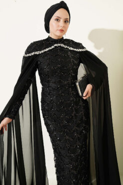 Alternative view of Embroidered Necklace with Beaded Detailing and Cape-Style Evening Dress Black
