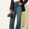 Seamless Side Wide-Leg Belted Denim Pants Dark Blue