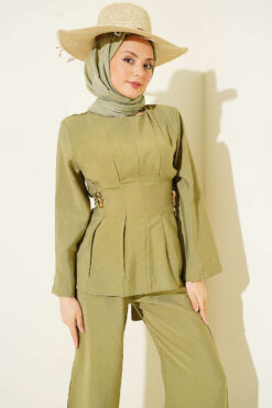 Alternative view of Pleated Two-Piece Set with Side Gold Buckle Hazel