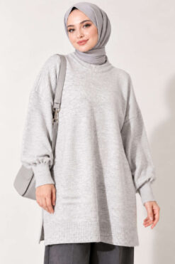 Side Slit Soft Long Knit Tunic Light Grey