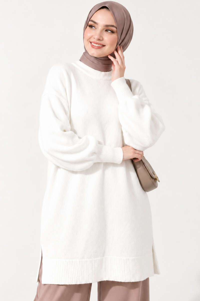 Side Slit Soft Long Knit Tunic Ecru
