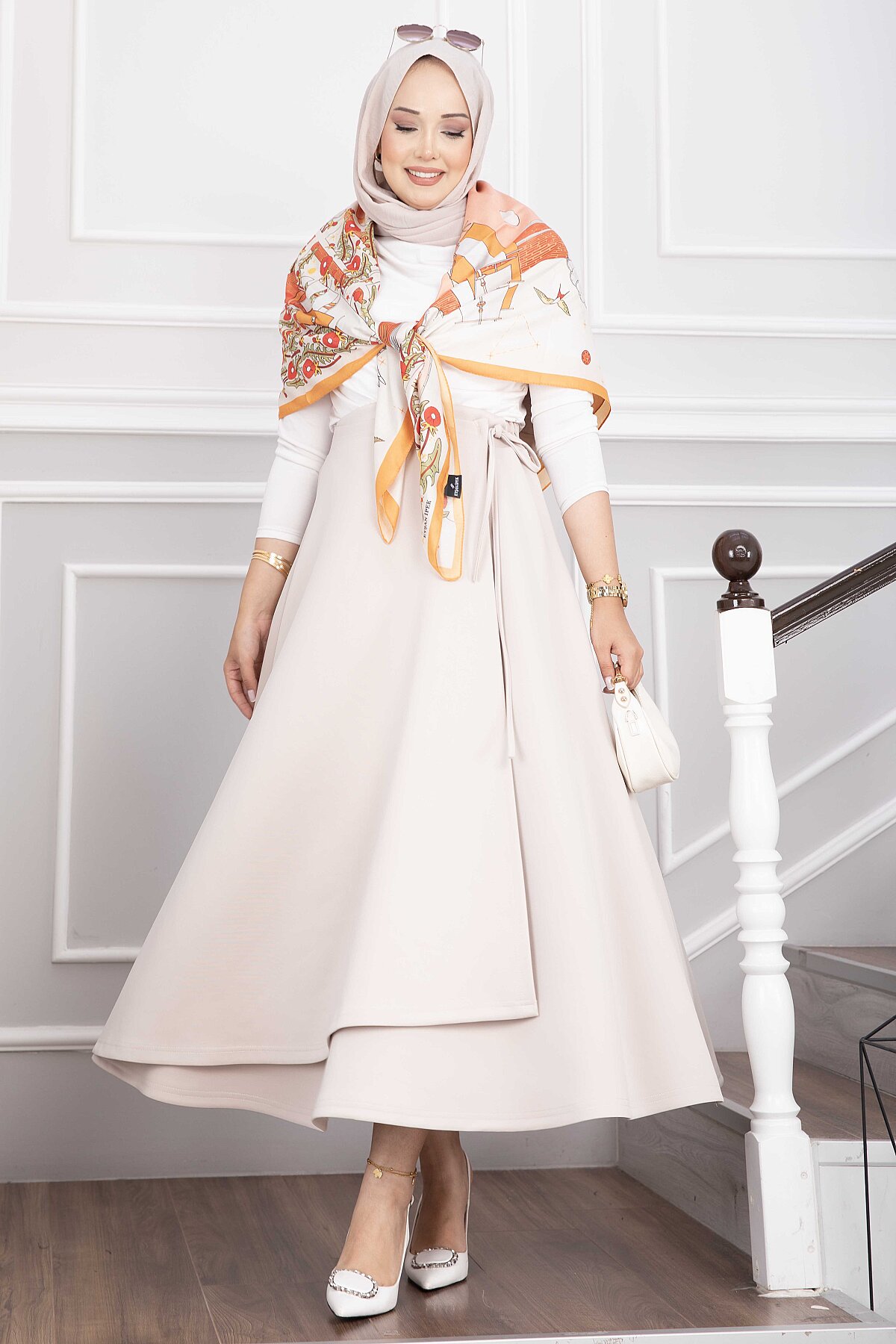 Side-tie Scuba Wrap Hem Skirt Beige