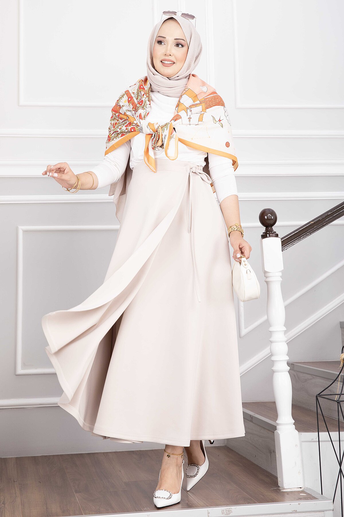 Side-tie Scuba Wrap Hem Skirt Beige – Image 3