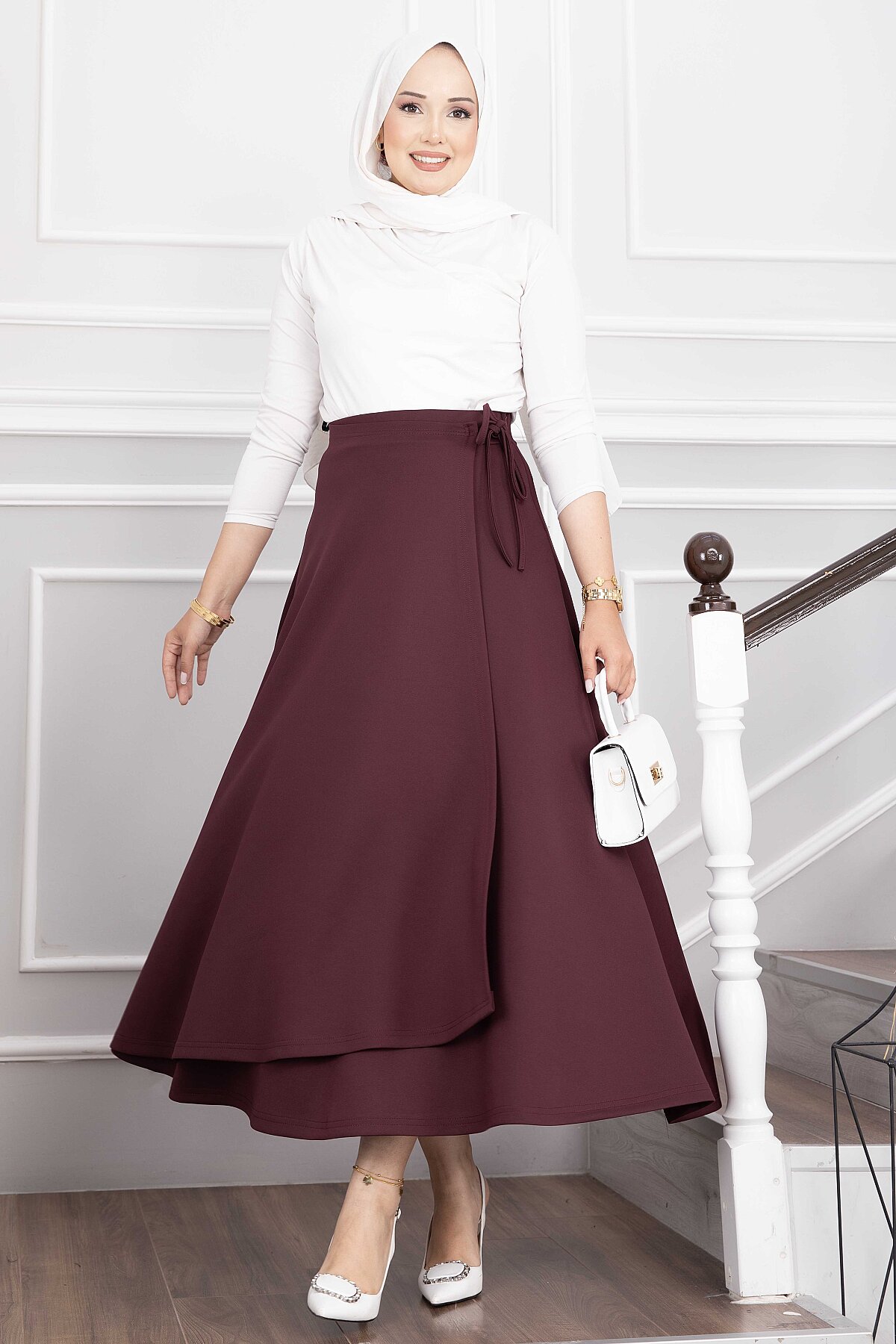 Side-tie Scuba Wrap Hem Skirt Burgundy - Afbeelding 3