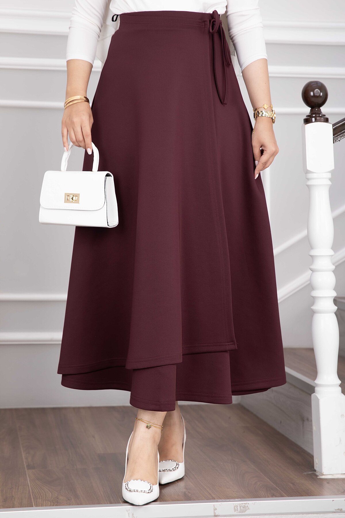 Side-tie Scuba Wrap Hem Skirt Burgundy - Afbeelding 2