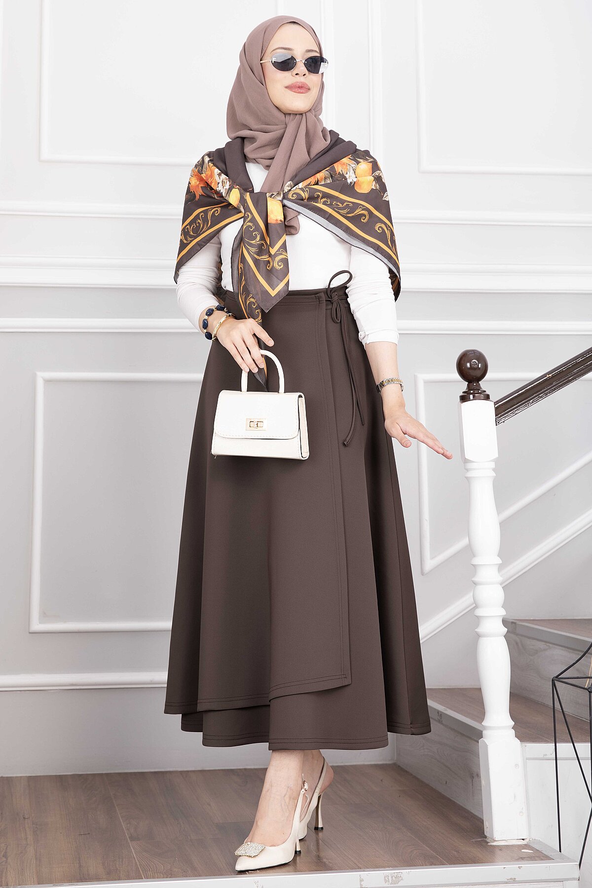 Side-tie Scuba Wrap Hem Skirt Brown – Image 4
