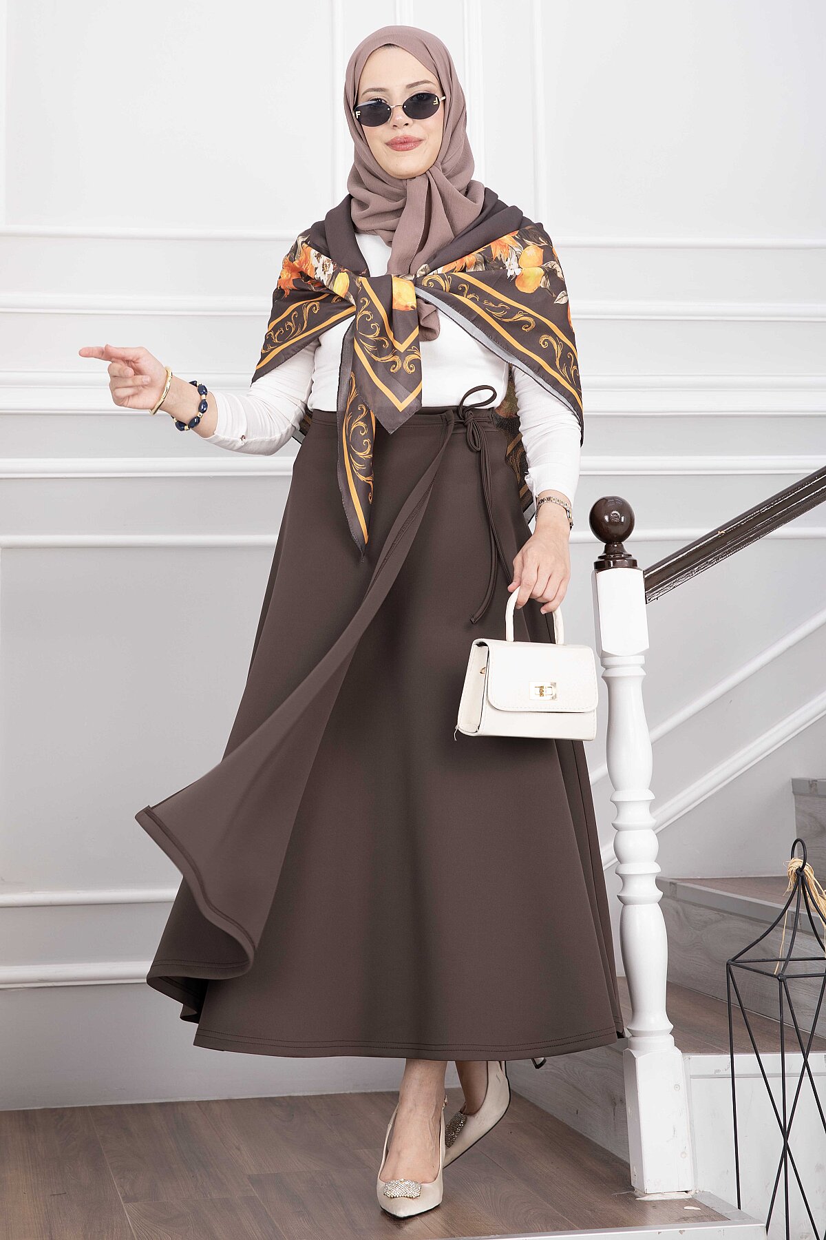 Side-tie Scuba Wrap Hem Skirt Brown – Image 2