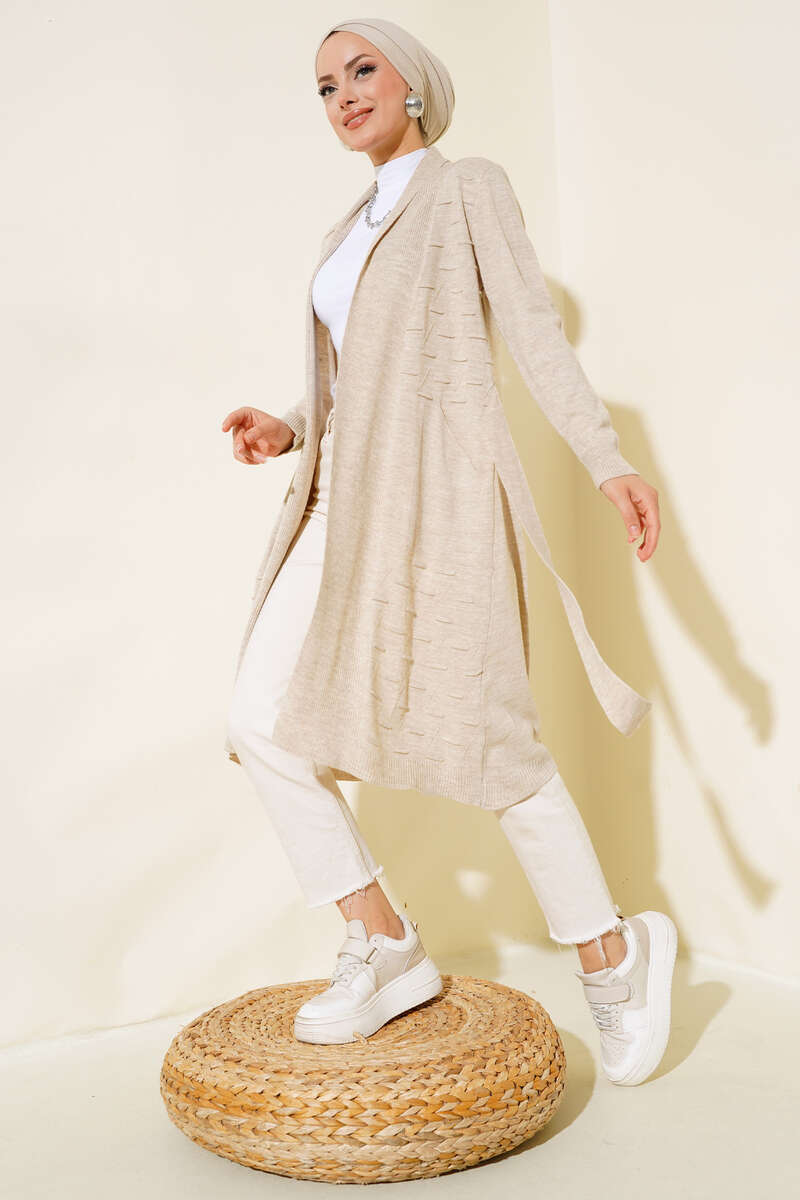 Side-Seamed Tied Cardigan Beige - الصورة 2