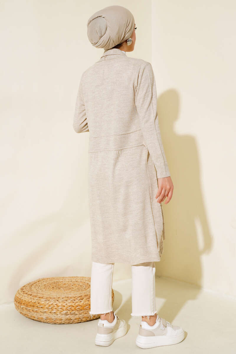 Side-Seamed Tied Cardigan Beige - الصورة 3