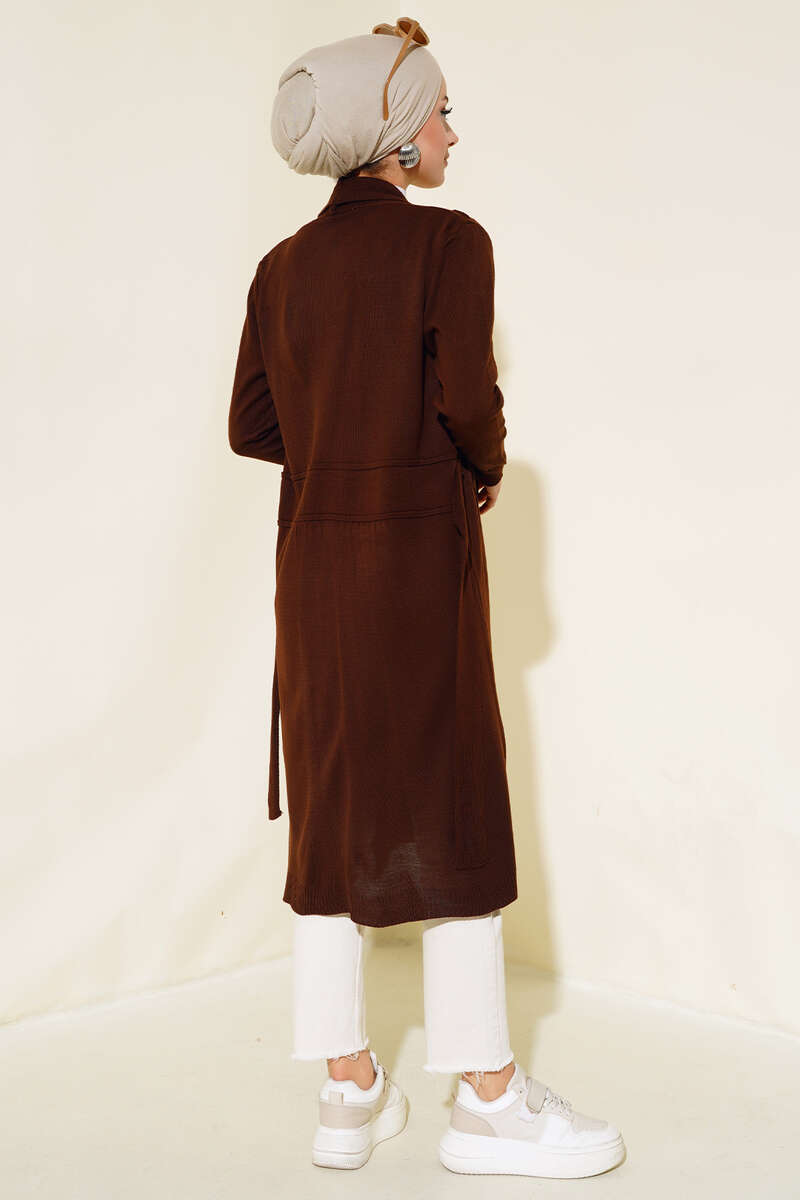 Side-Seamed Tied Cardigan Brown - الصورة 3