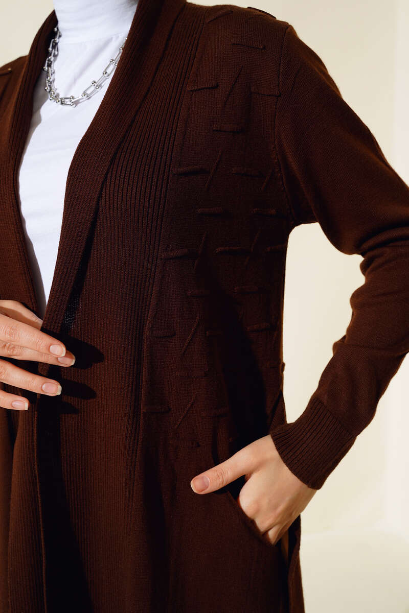 Side-Seamed Tied Cardigan Brown - الصورة 4