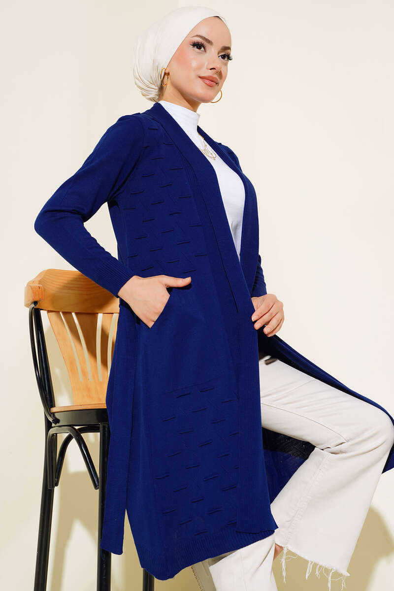 Side-Seamed Tied Cardigan Navy Blue - الصورة 2