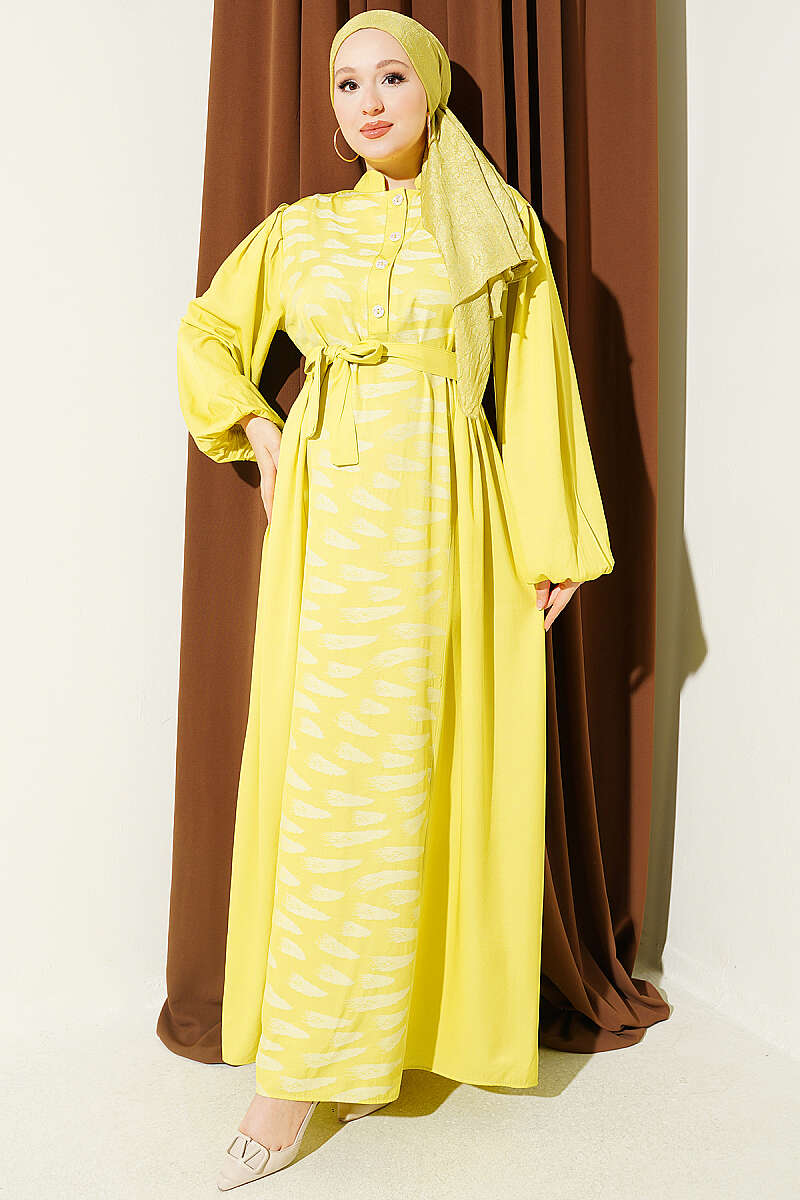 Side Pleated Jacquard Dress Yellow