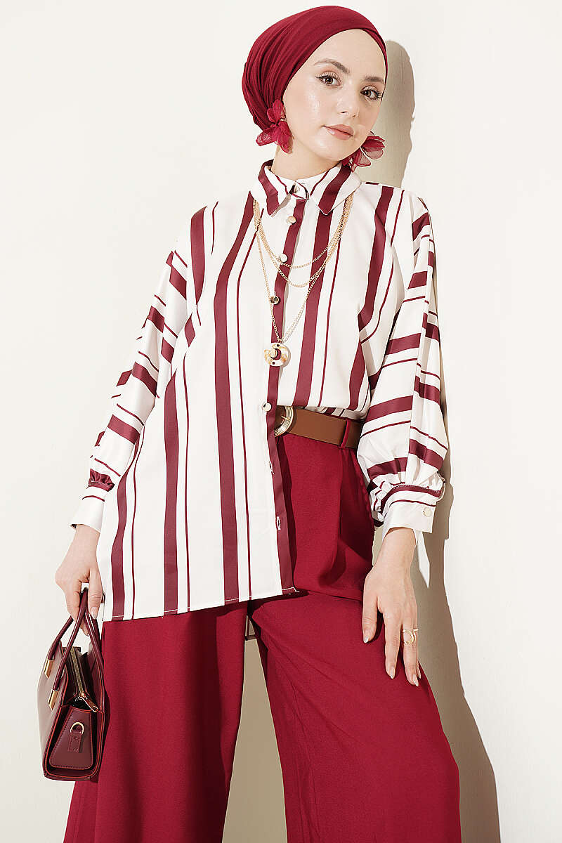 Asymmetrical Striped Satin Shirt with Batwing Sleeves Burgundy