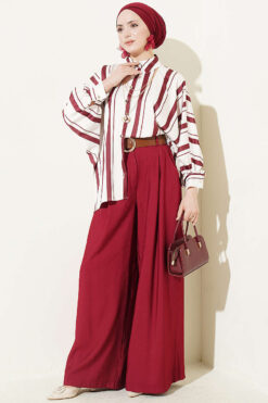 Alternative view of Asymmetrical Striped Satin Shirt with Batwing Sleeves Burgundy