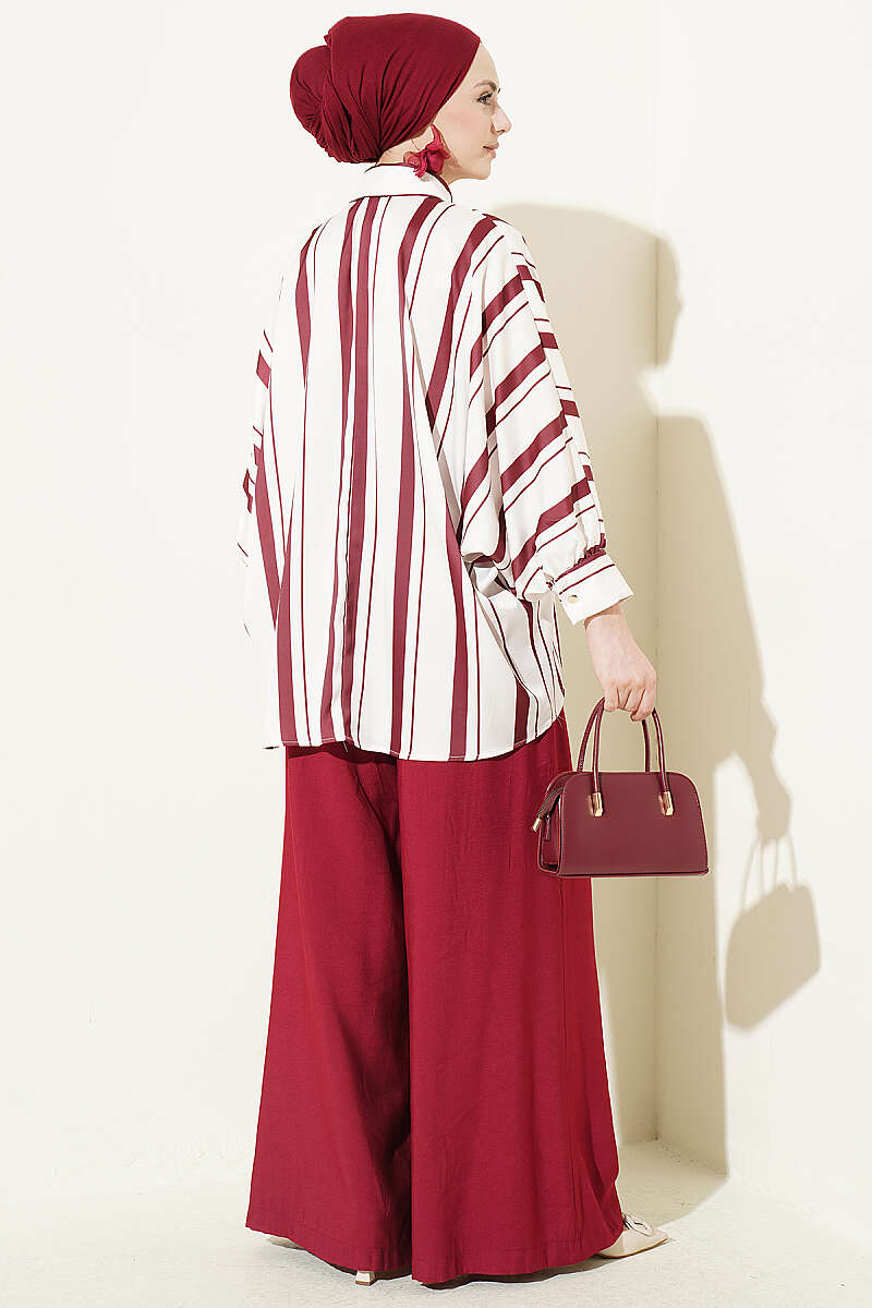 Asymmetrical Striped Satin Shirt with Batwing Sleeves Burgundy – Image 3